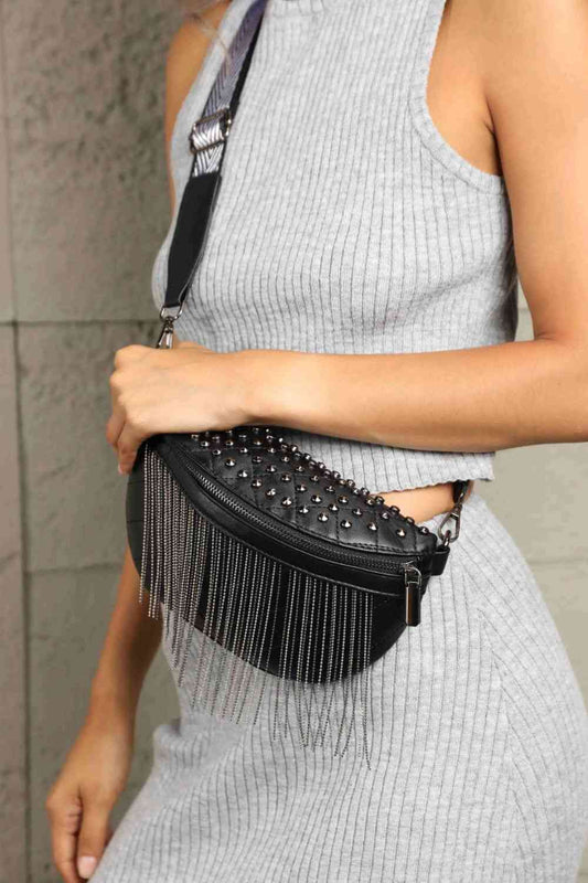 Leather Studded Sling Bag with Fringes