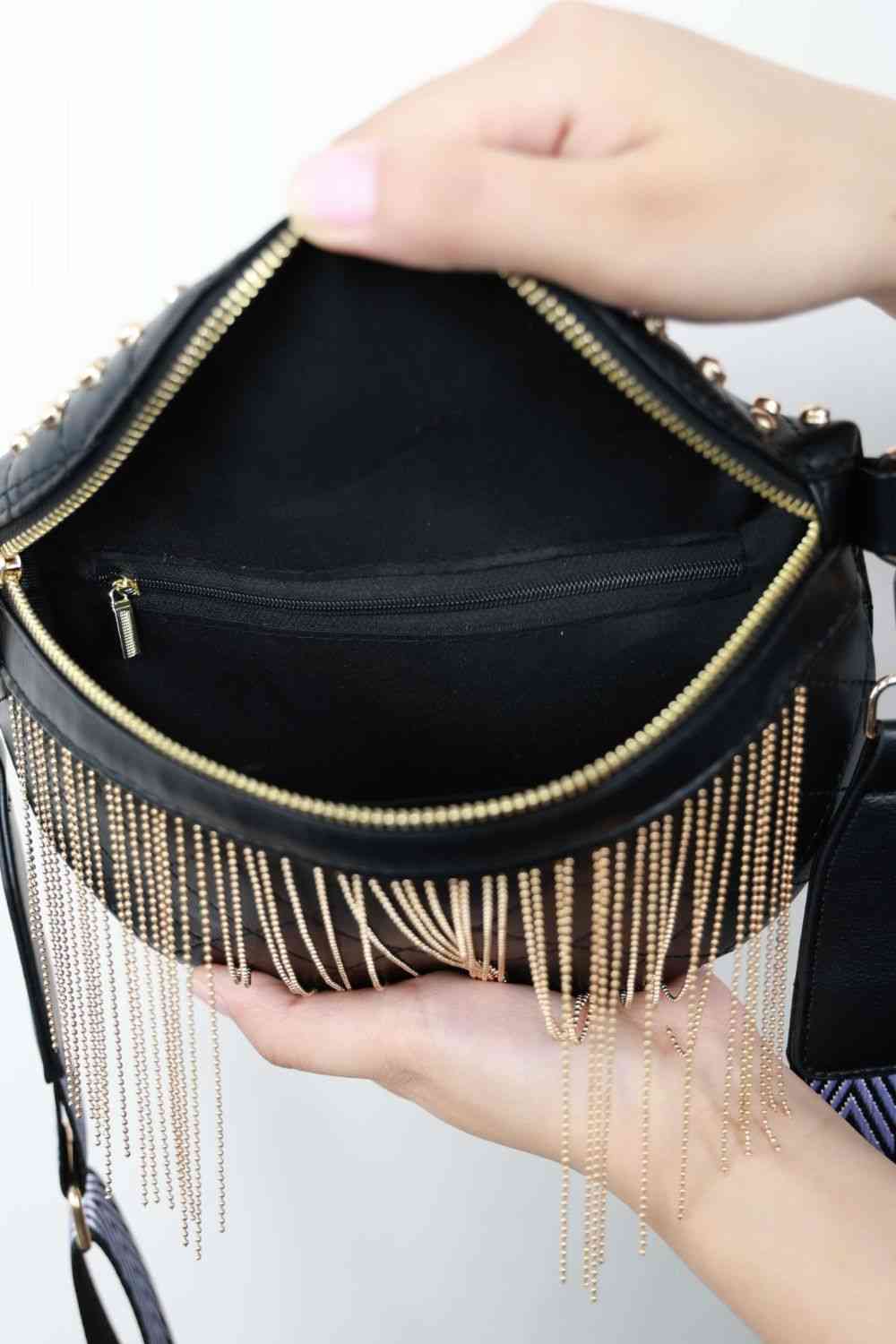 Leather Studded Sling Bag with Fringes