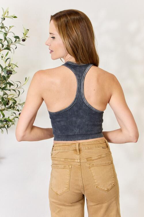 Washed Ribbed Crewneck Racerback Cropped Tank Top